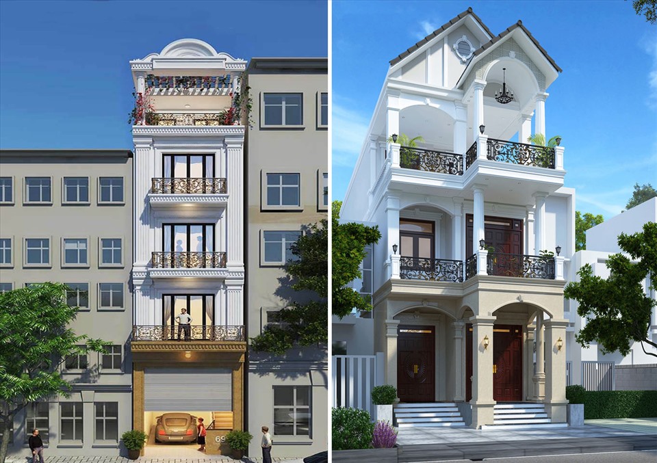 Kiến trúc nhà phố tân cổ điển sang trọng, tinh tế như một trào lưu thiết kế thịnh hành hiện nay. Đồ họa: Kim Nhung